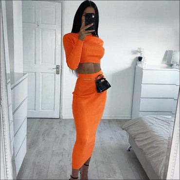Turtleneck Long-sleeve Solid Color Top And Knit Bodycon Skirt