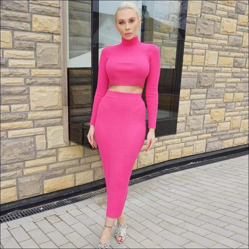 Turtleneck Long-sleeve Solid Color Top And Knit Bodycon 