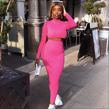Turtleneck Long-sleeve Solid Color Top And Knit Bodycon Skirt