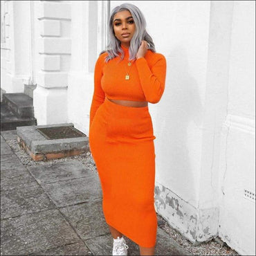 Turtleneck Long-sleeve Solid Color Top And Knit Bodycon Skirt