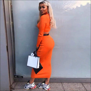 Turtleneck Long-sleeve Solid Color Top And Knit Bodycon Skirt