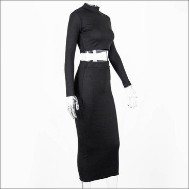 Turtleneck Long-sleeve Solid Color Top And Knit Bodycon Skirt