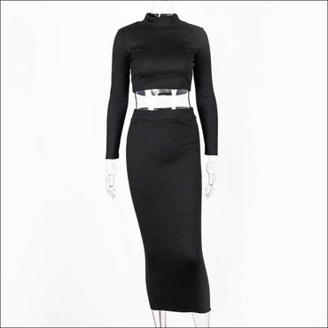 Turtleneck Long-sleeve Solid Color Top And Knit Bodycon Skirt