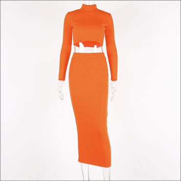 Turtleneck Long-sleeve Solid Color Top And Knit Bodycon Skirt