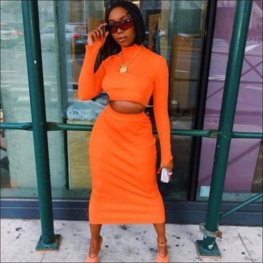 Turtleneck Long-sleeve Solid Color Top And Knit Bodycon Skirt