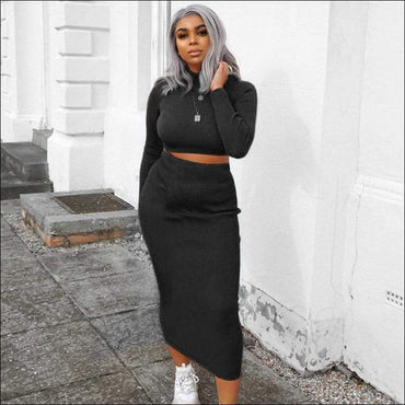 Turtleneck Long-sleeve Solid Color Top And Knit Bodycon Skirt
