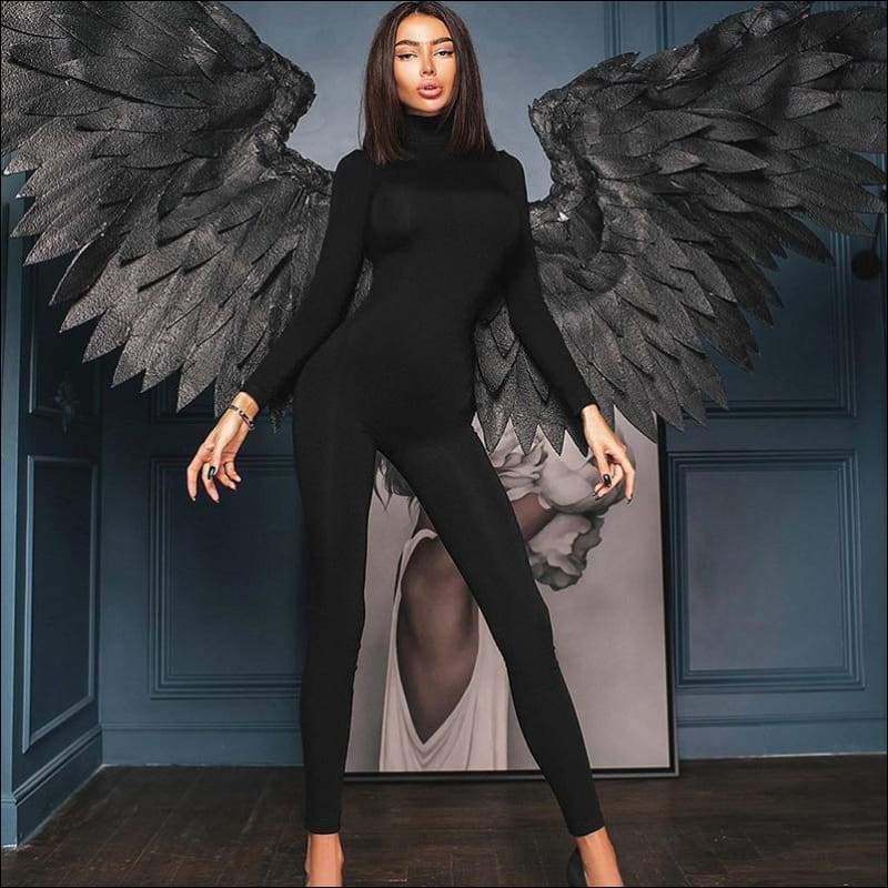 Turtleneck Long-sleeve Tight Jumpsuits - S / Black - 