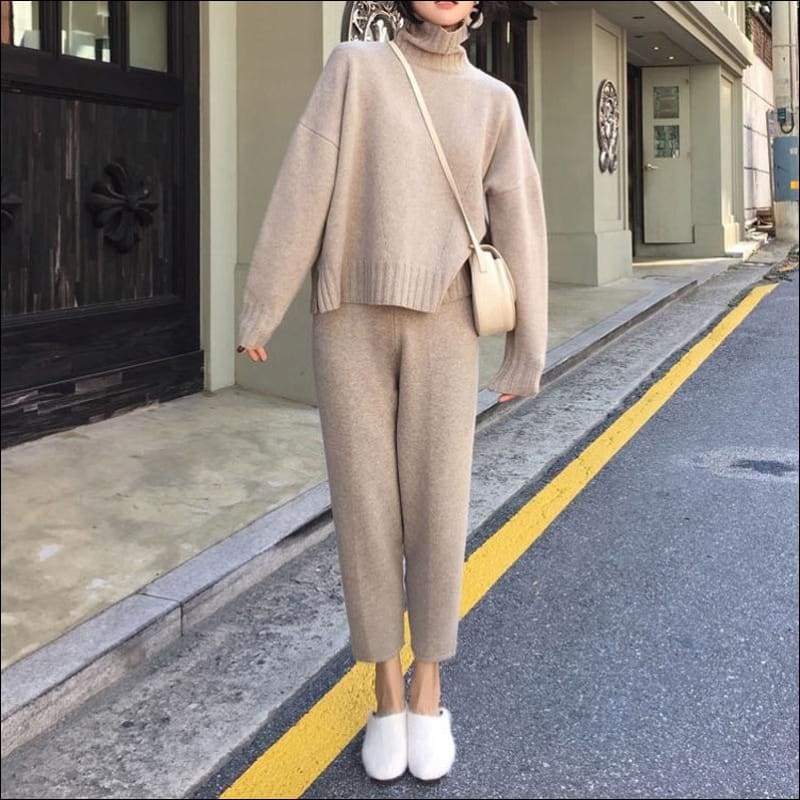 Turtleneck Long Sleeve Top And Pants Casual Knitted Two 