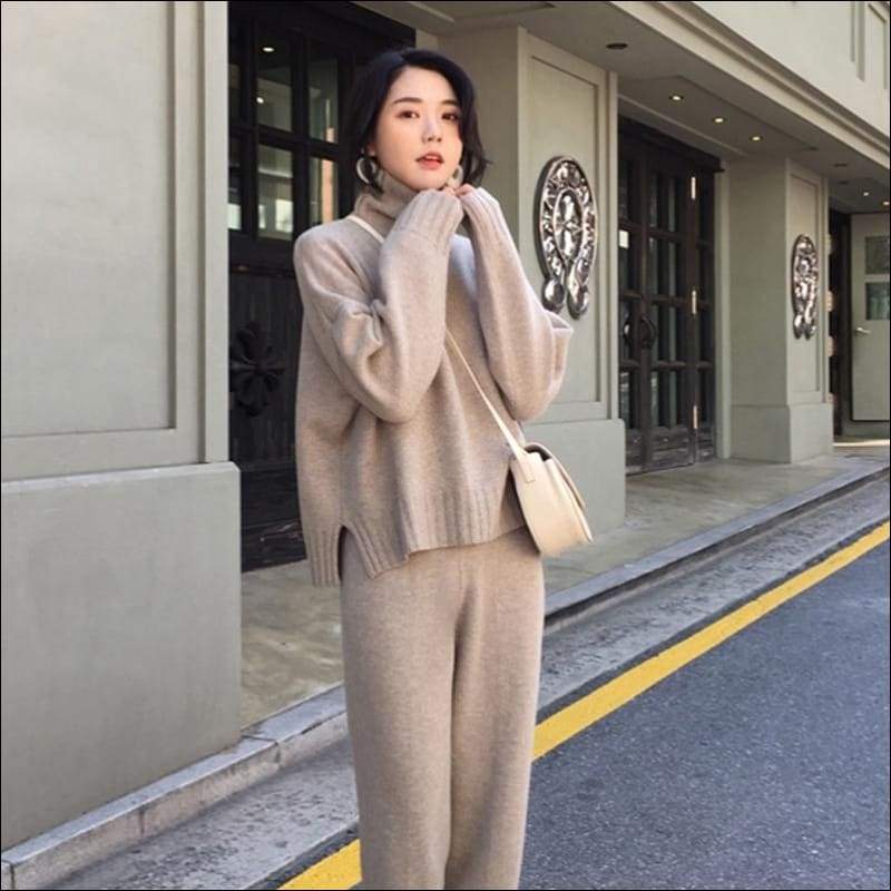 Turtleneck Long Sleeve Top And Pants Casual Knitted Two 
