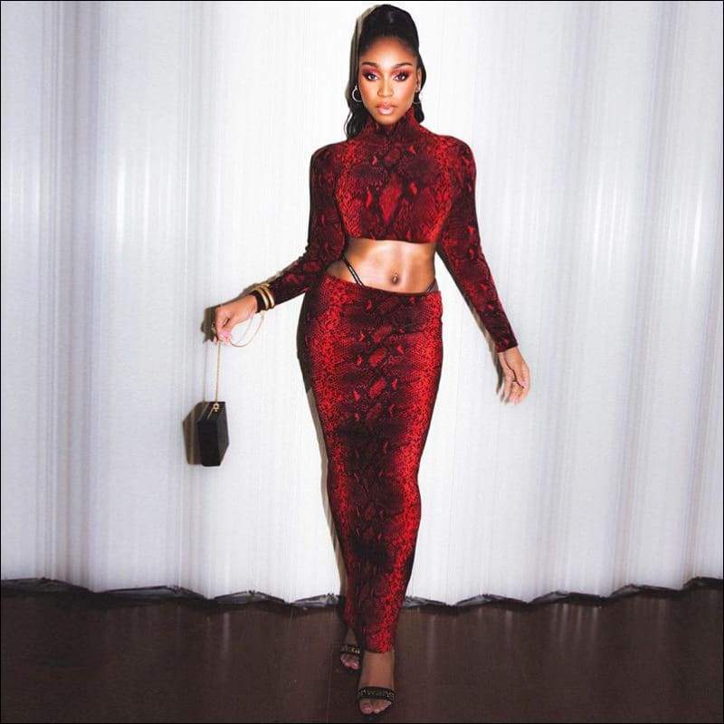 Turtleneck Snakeskin Long-sleeve Crop Top And Bodycon Skirt 