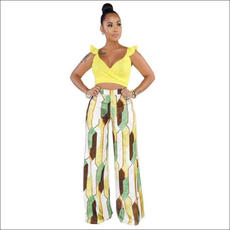 Two-piece Set Frilled V Neck Crop Top Casual Wide-leg Pants 