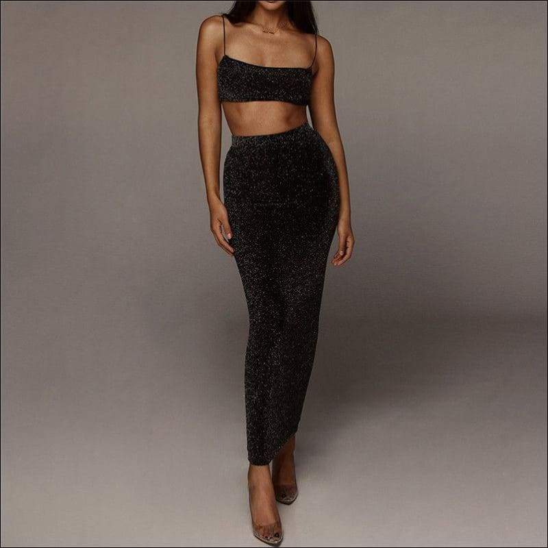 Two-piece Sexy Women Cropped Camis Tight Midi Skirt Set - S 