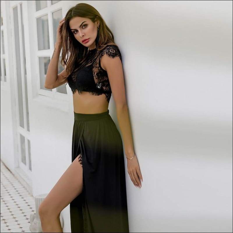 Underwear And See-through Lace Tops high Split Skirt 