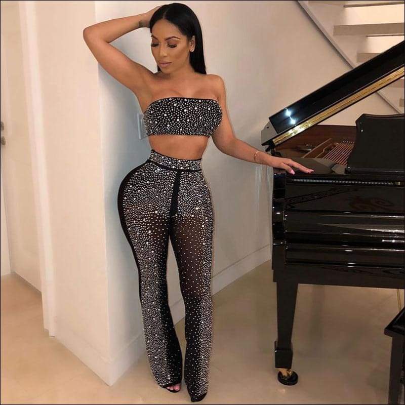 Unique Rhinestone Fixed Design Tube Top See-through Pants 