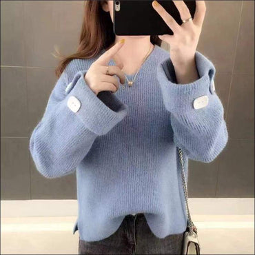 Unique V-neck Solid Color Knitwear