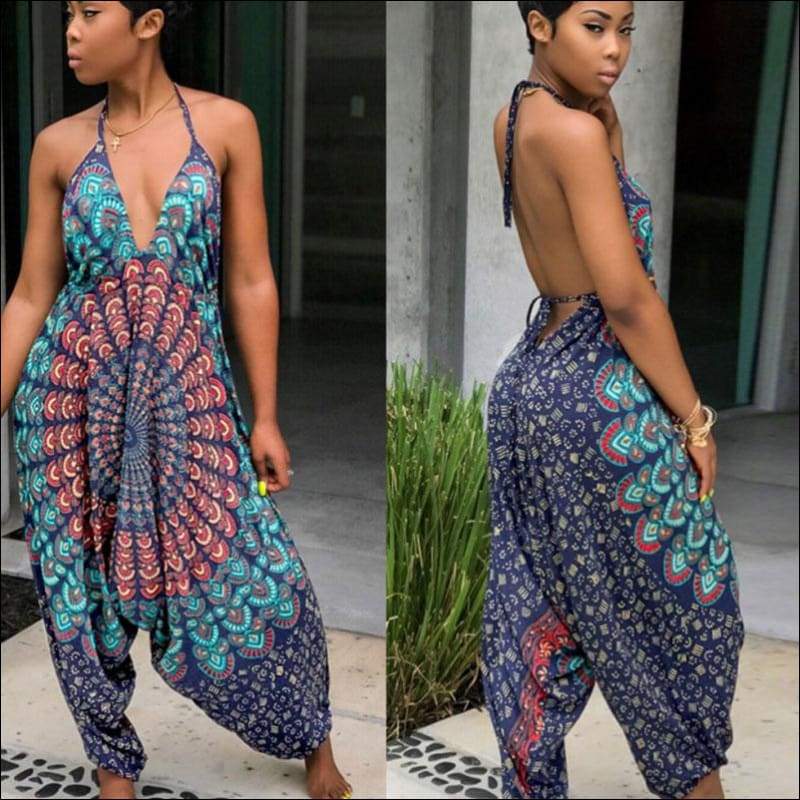 V-neck Backless Graphic Print Loose Wide Leg Sling - 