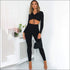 V Neck Drawstring Long Sleeve Crop Top Tight Pants Knitted Set