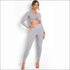 V Neck Drawstring Long Sleeve Crop Top Tight Pants Knitted Set