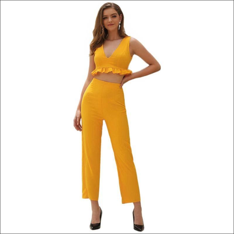 V Neck Flounced Sleeveless Crop Top High-waisted Straight 