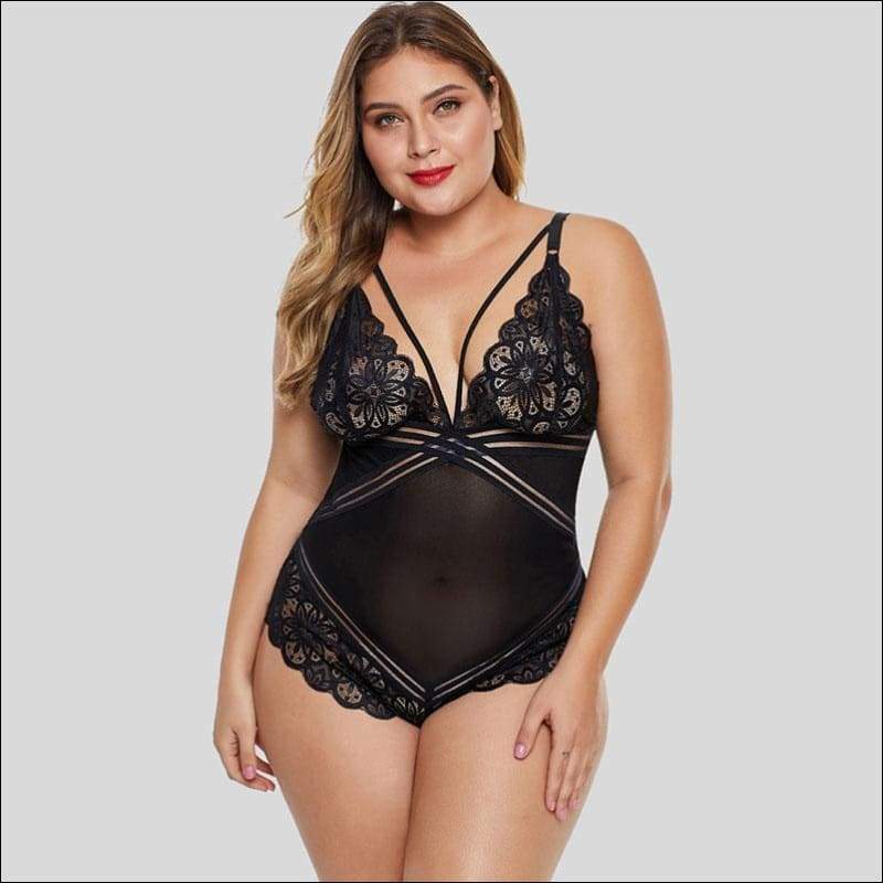 V-neck Lace Patchwork Plus Size Sling Bodysuits - XL / Black