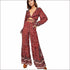 V Neck Long-sleeve Crop Top Wide-leg Pants Bohemian Style