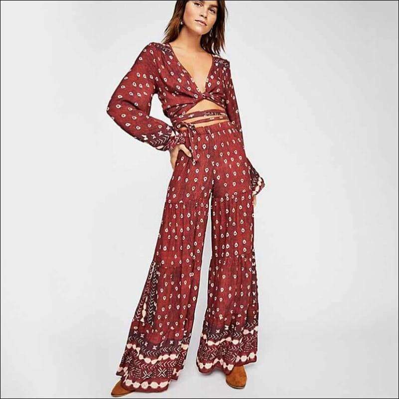 V Neck Long-sleeve Crop Top Wide-leg Pants Bohemian Style - 