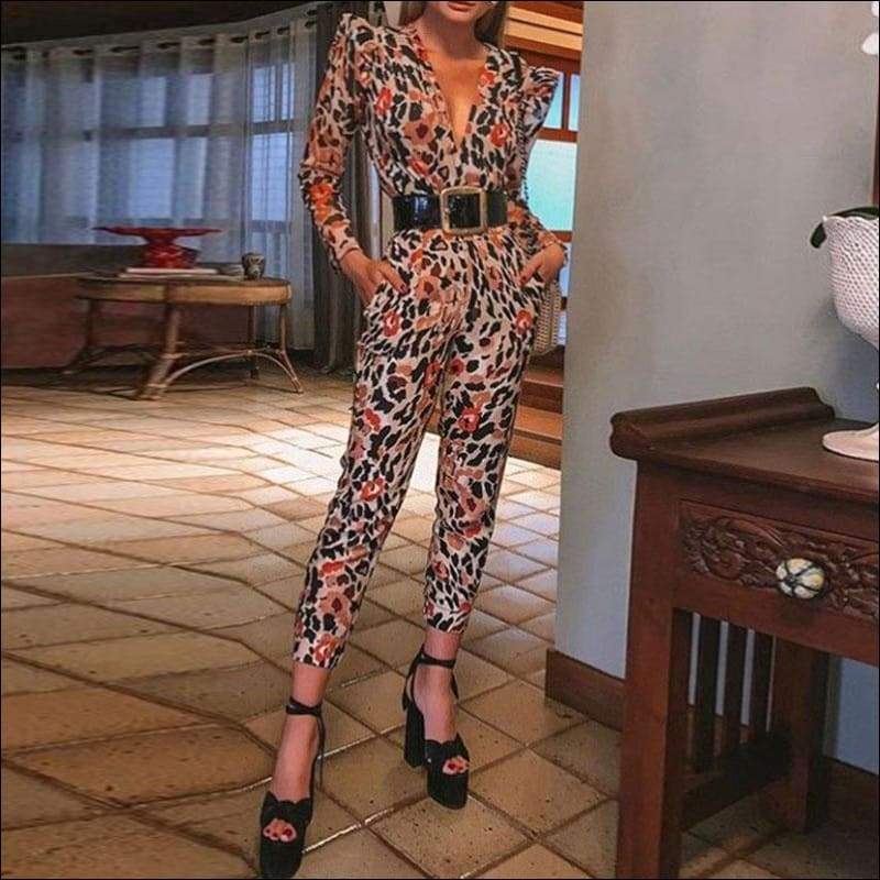 V-neck Long Sleeve Print Jumpsuits - S / Apricot - Jumpsuits