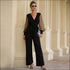 V-neck Mesh Patchwork Lantern Sleeve Lace-up Jumpsuits
