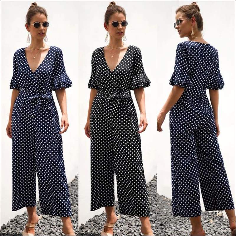 V Neck Polka Dot Flouncing Short-sleeve - Jumpsuits