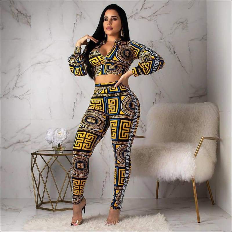 V-neck Print Zipper Crop Top And Slim Pants - S / Yellow - 
