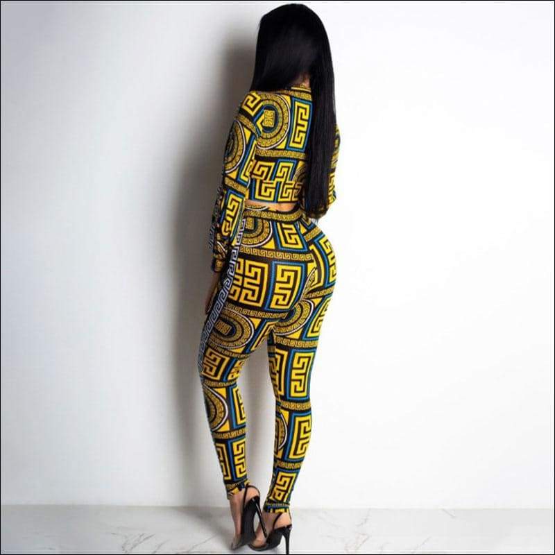 V-neck Print Zipper Crop Top And Slim Pants - Sets Co-ords