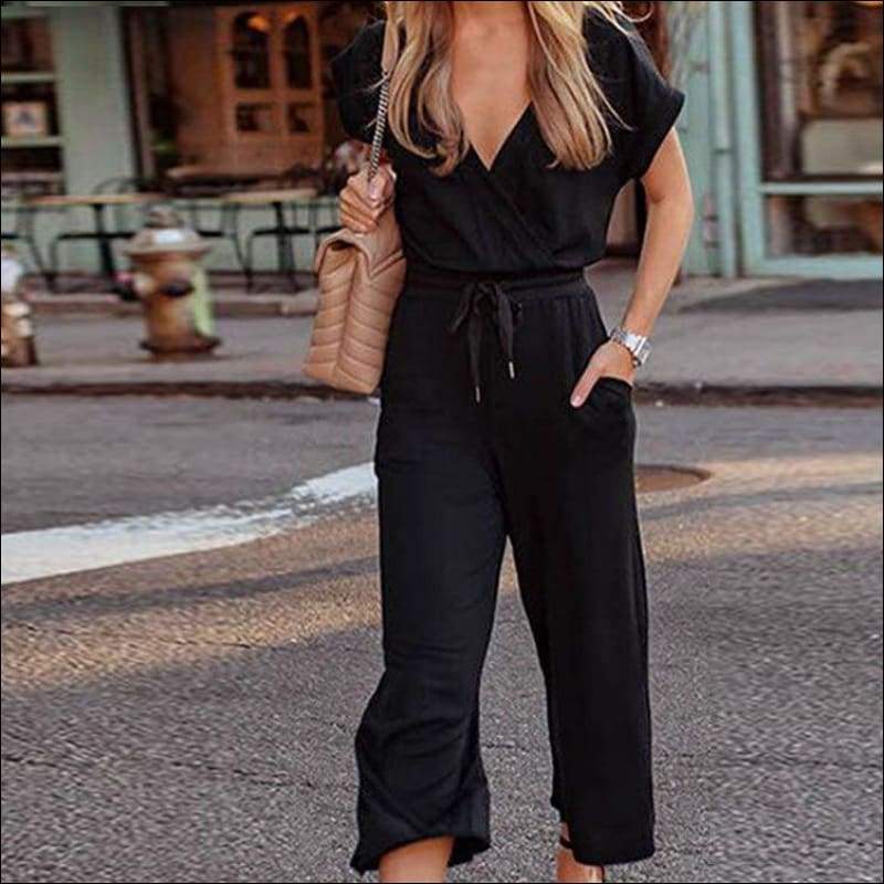 V-neck Short Sleeve With Pocket Jumpsuits - Jumpsuits