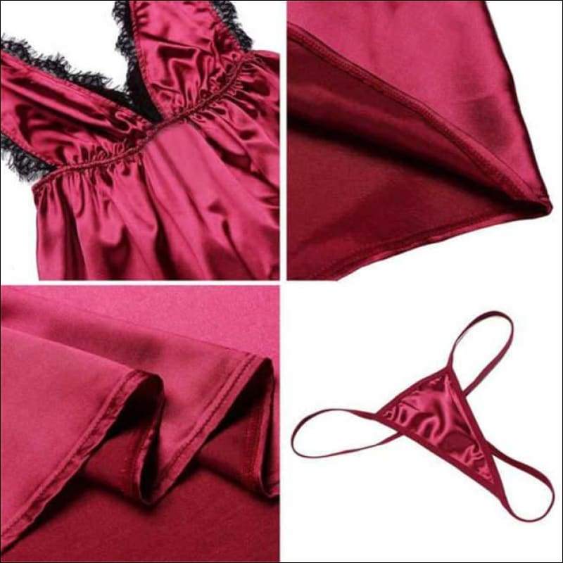 V-neck Solid Color Lace Nightdress - M / Rose - Lingerie & 
