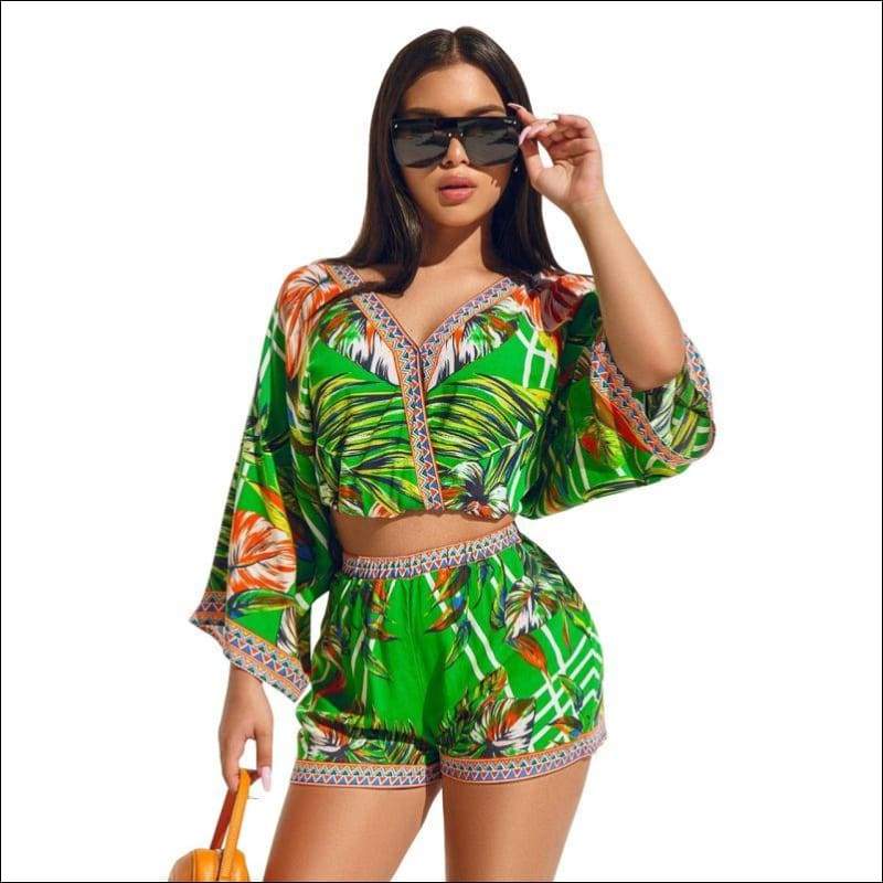 Vacation Leaf Printed V Neck Boho Style Two-piece Set - Sets