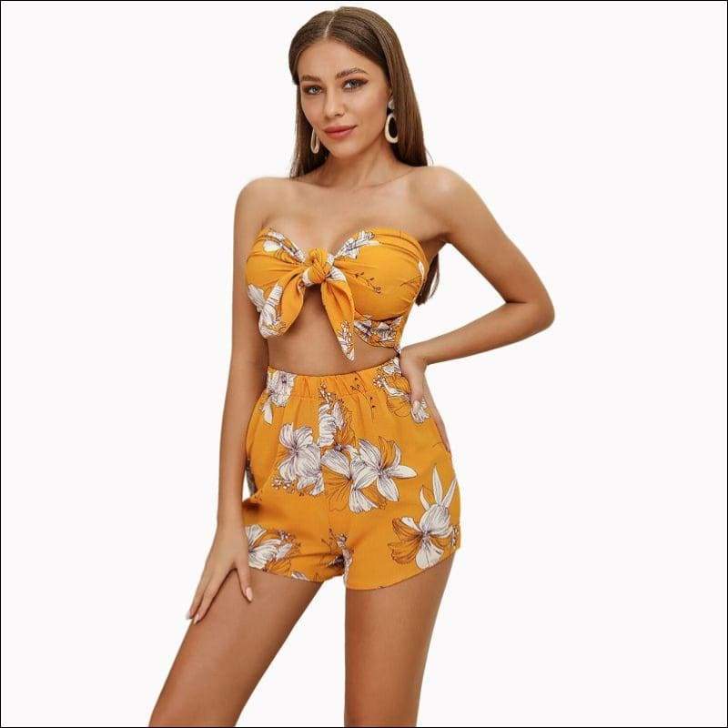 Vacation Strapless Floral Print Knotted Crop Top Loose 