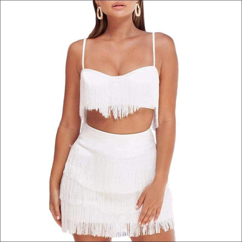 Vacation Style Solid Color Tassel Camis And Tight Skirt Set 