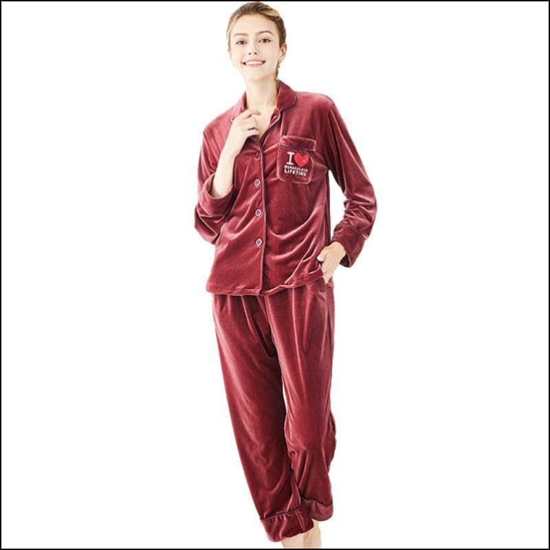 Velvet Autumn Winter Pajamas Set - M / Redwood - Lingerie & 