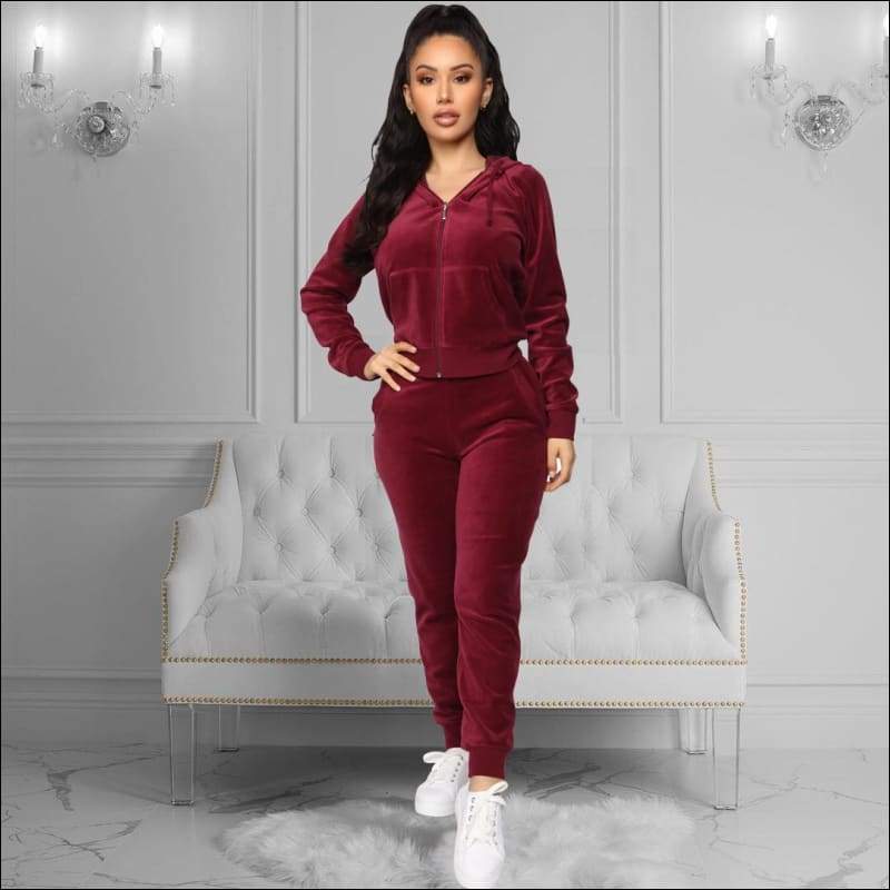 Velvet Hooded Long-sleeve Zipper Top And Sweatpants Casual 
