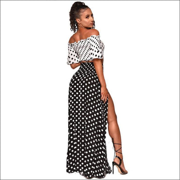 Vintage Contrast Polka Dot Pint Off-shoulder Crop Top Side-slit Skirt