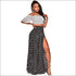Vintage Contrast Polka Dot Pint Off-shoulder Crop Top Side-slit Skirt