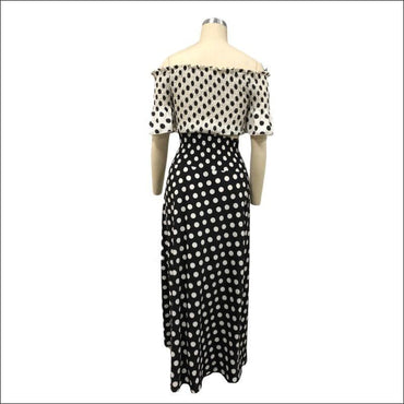 Vintage Contrast Polka Dot Pint Off-shoulder Crop Top Side-slit Skirt