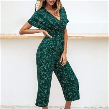Vintage Polka Dot Print Cropped Surplice Jumpsuits