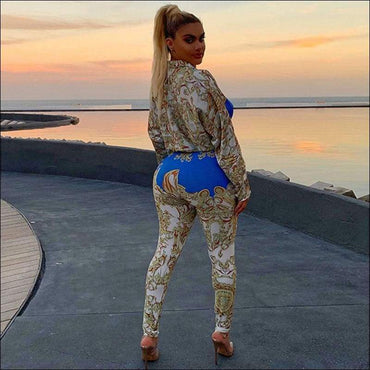 Vintage Print Lapel Long-sleeve Bodysuits Tight Pants Two-piece Set