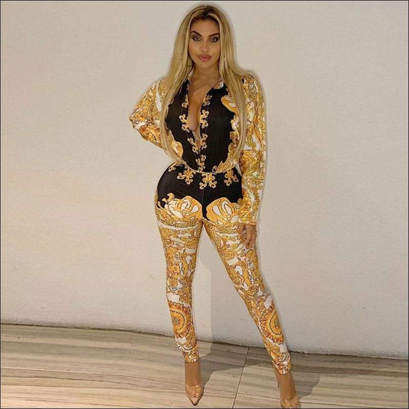 Vintage Print Lapel Long-sleeve Bodysuits Tight Pants 