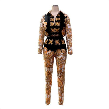 Vintage Print Lapel Long-sleeve Bodysuits Tight Pants Two-piece Set
