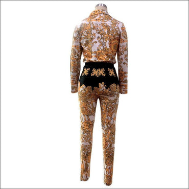 Vintage Print Lapel Long-sleeve Bodysuits Tight Pants Two-piece Set