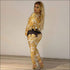 Vintage Print Lapel Long-sleeve Bodysuits Tight Pants Two-piece Set