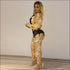 Vintage Print Lapel Long-sleeve Bodysuits Tight Pants Two-piece Set