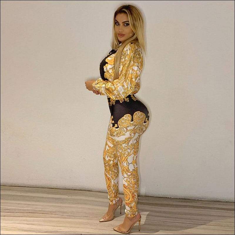 Vintage Print Lapel Long-sleeve Bodysuits Tight Pants 