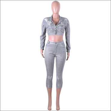 Vintage Punk Style Glitter Zipper Pattern Cropped Top Pants Two-piece Set